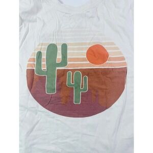 Cropped White Cactus Embroidered Graphic T-Shirt Short Sleeve Desert Sunset S